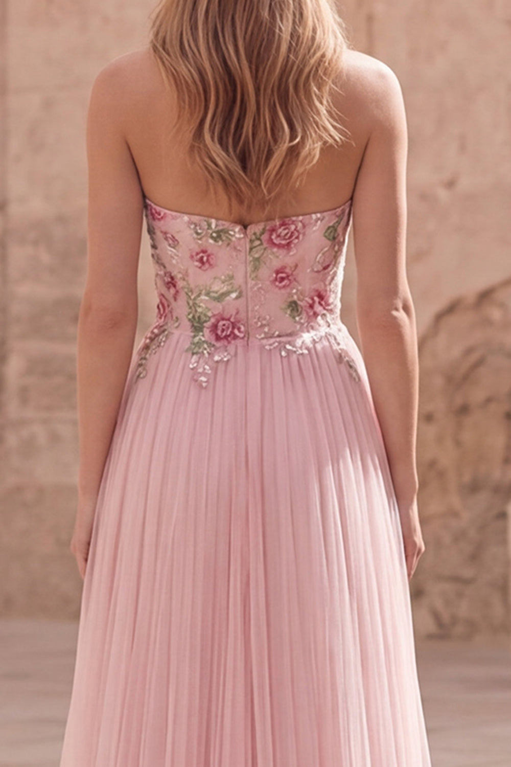 Pink Floral Strapless A Line Pleated Long Prom Dress