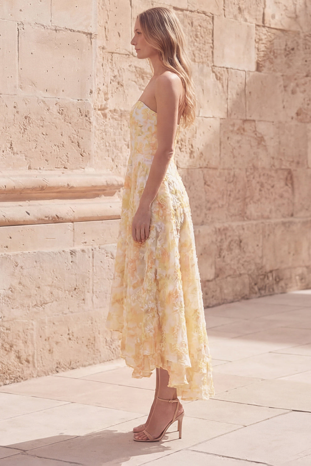 Yellow Floral Strapless A Line Asymmetrical Prom Dress