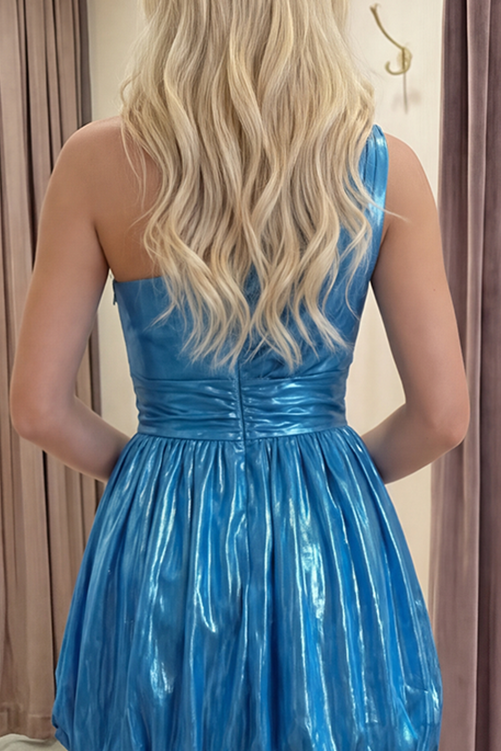 Metallic A Line Short Sparkly Ink Blue Ruched Vintage 80s Prom Dress