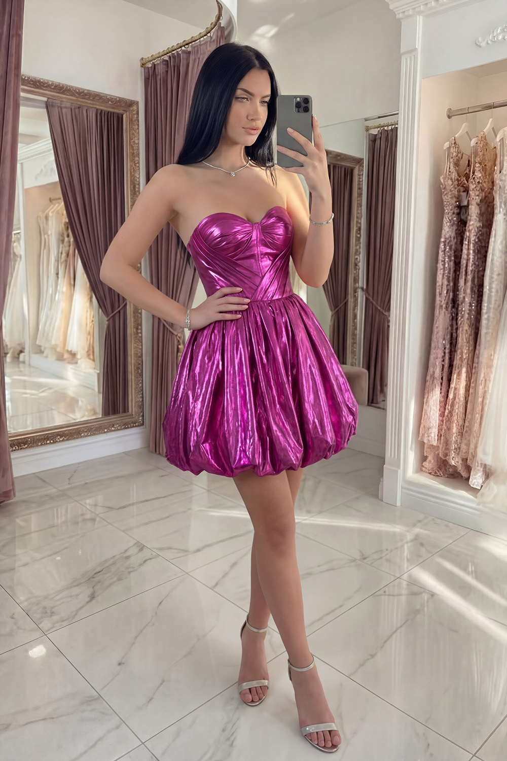 Fuchsia Metallic Sparkly Detachable Cape A Line Short Sweetheart Vintage 80s Prom Dress