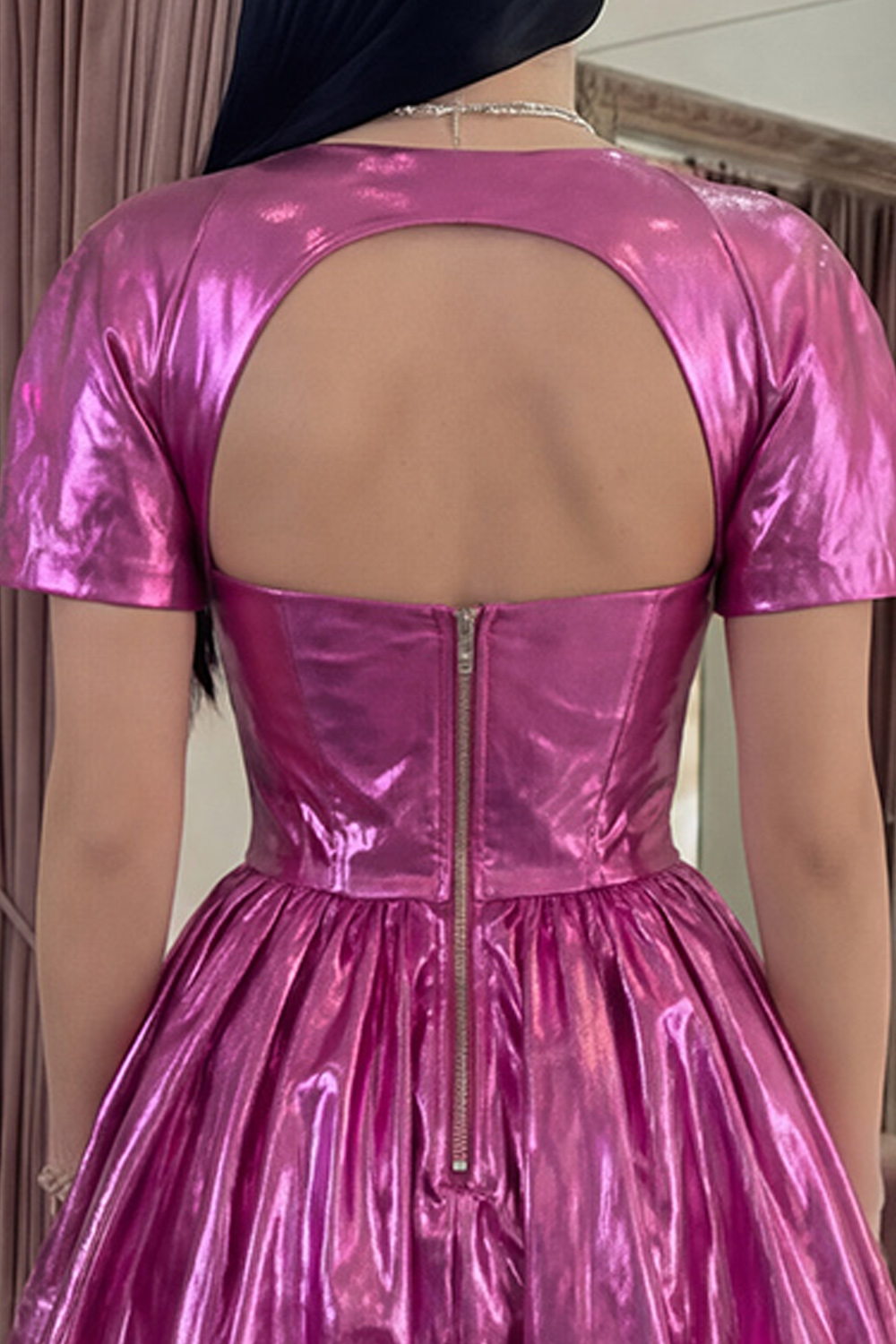 Fuchsia Metallic Sparkly Detachable Cape A Line Short Sweetheart Vintage 80s Prom Dress