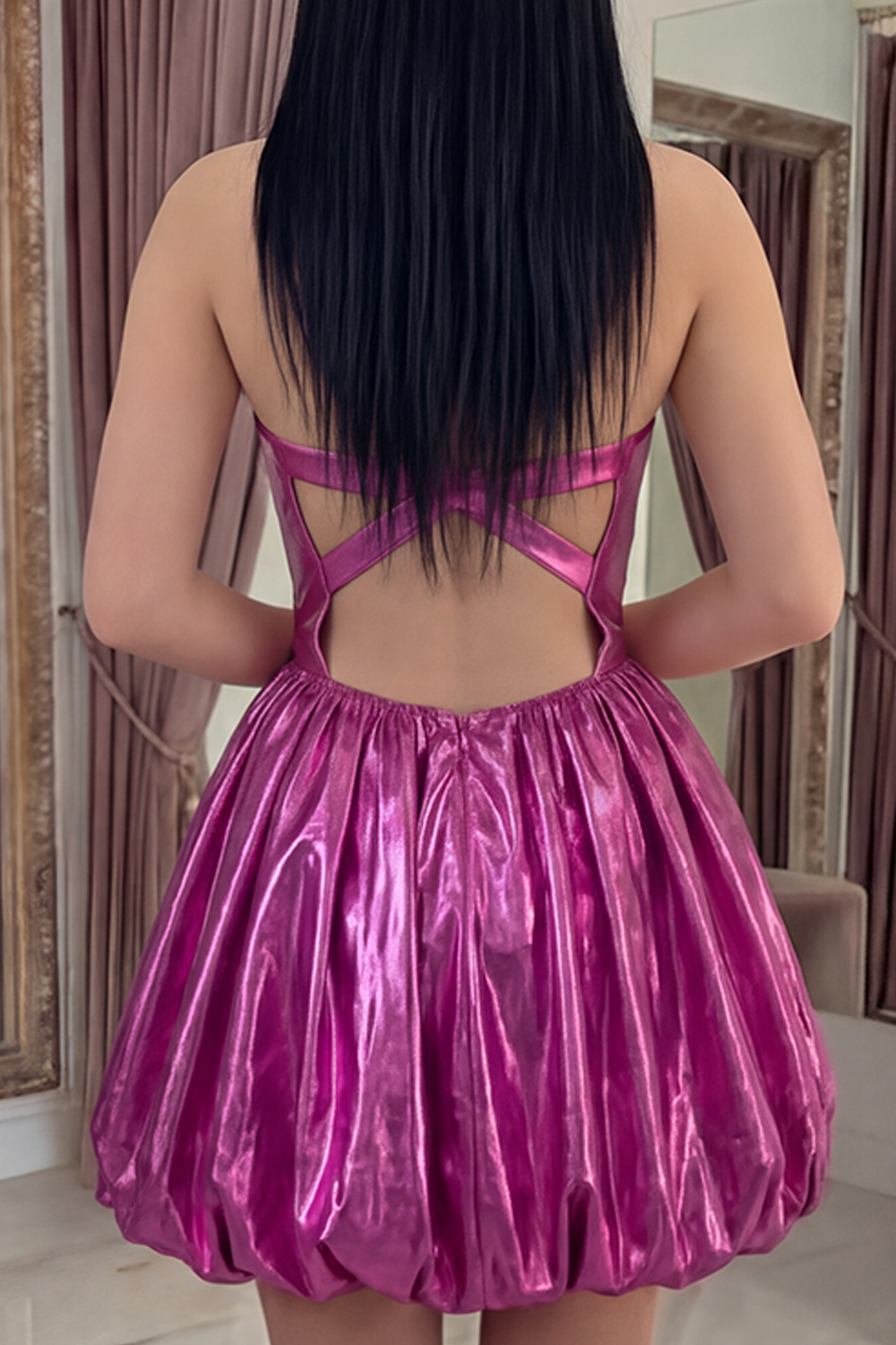 Sparkly Fuchsia Keyhole A Line Metallic Short Vintage 80s Prom Dress