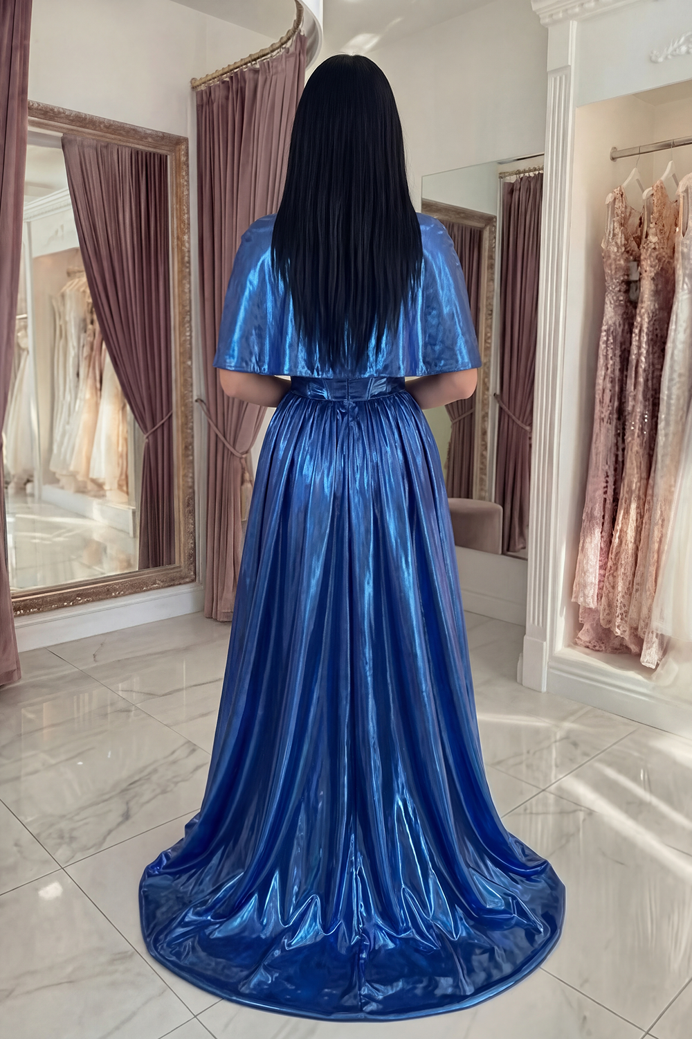 Sparkly Navy Metallic Detachable Cape Corset High Low A Line Vintage 80s Prom Dress