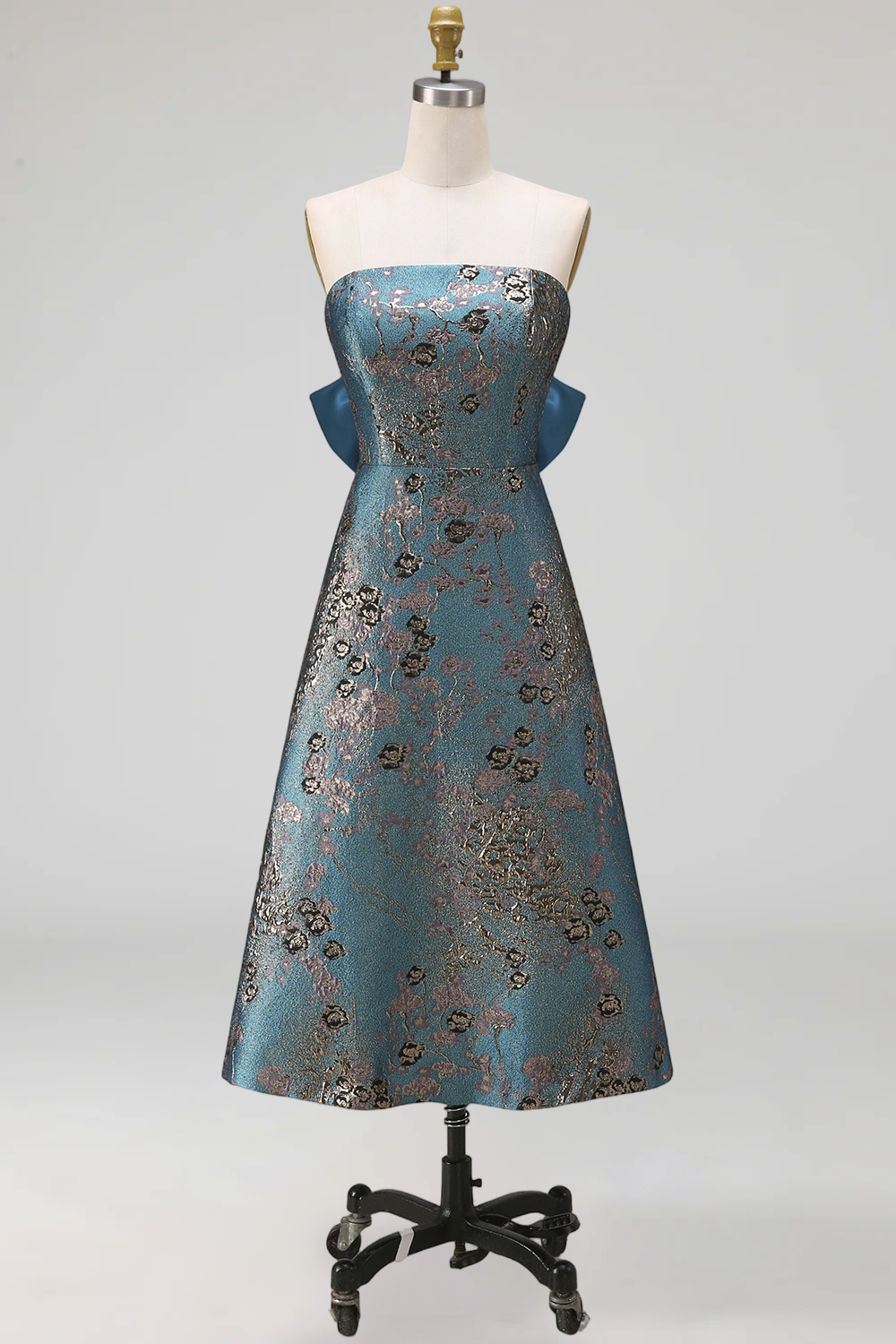 Peacock Blue Strapless A Line Long Floral Prom Dress with Bow