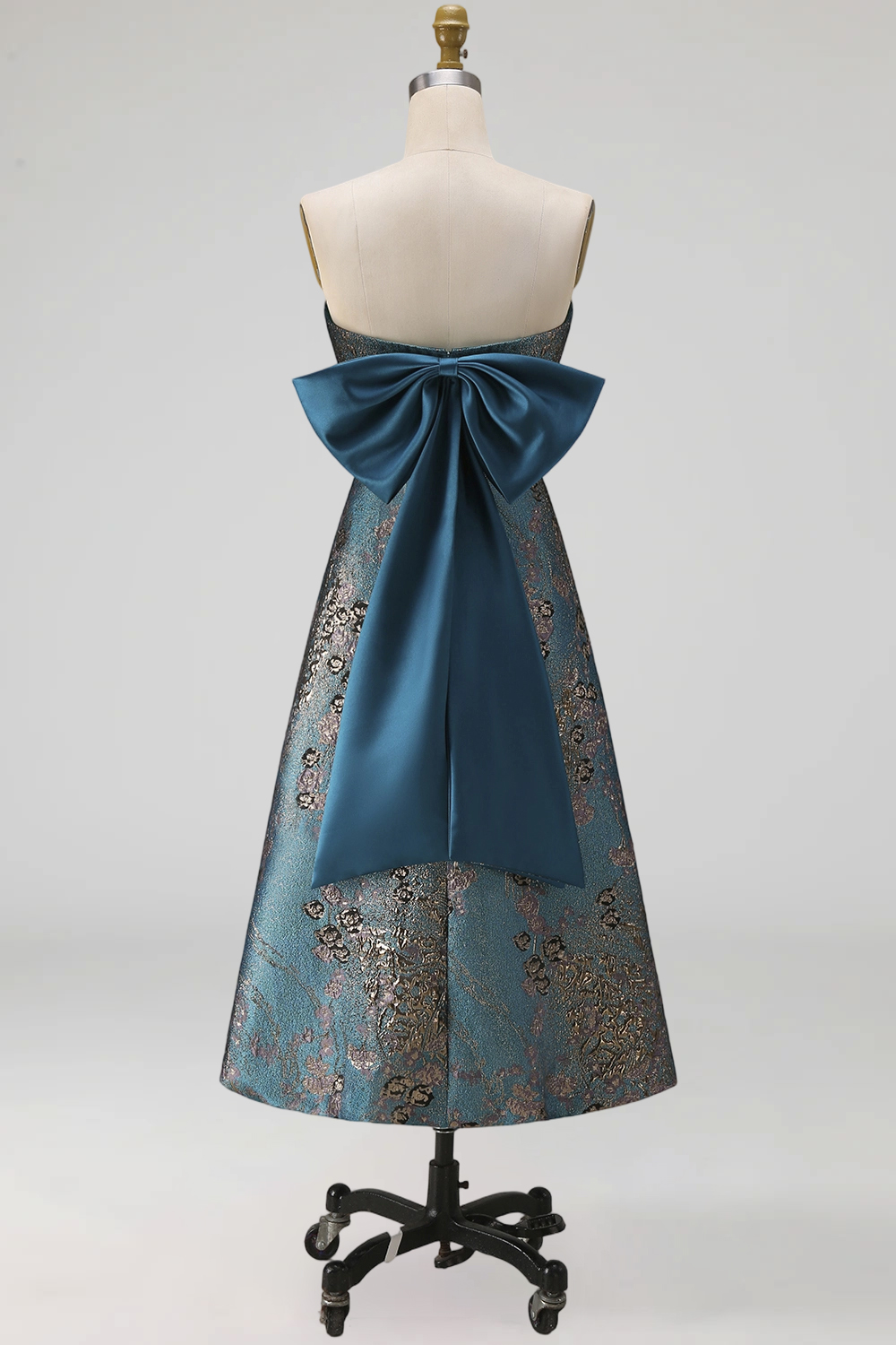 Peacock Blue Strapless A Line Long Floral Prom Dress with Bow