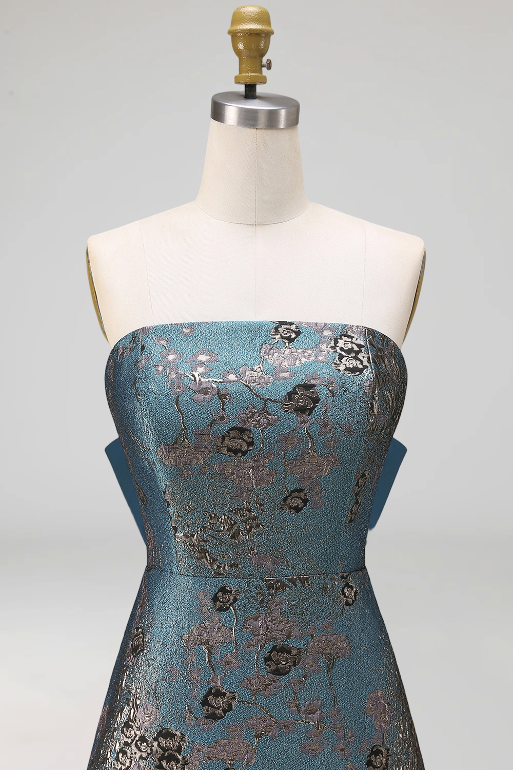 Peacock Blue Strapless A Line Long Floral Prom Dress with Bow
