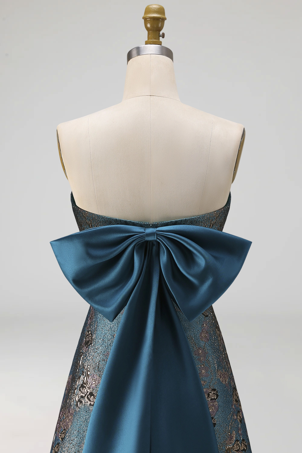 Peacock Blue Strapless A Line Long Floral Prom Dress with Bow