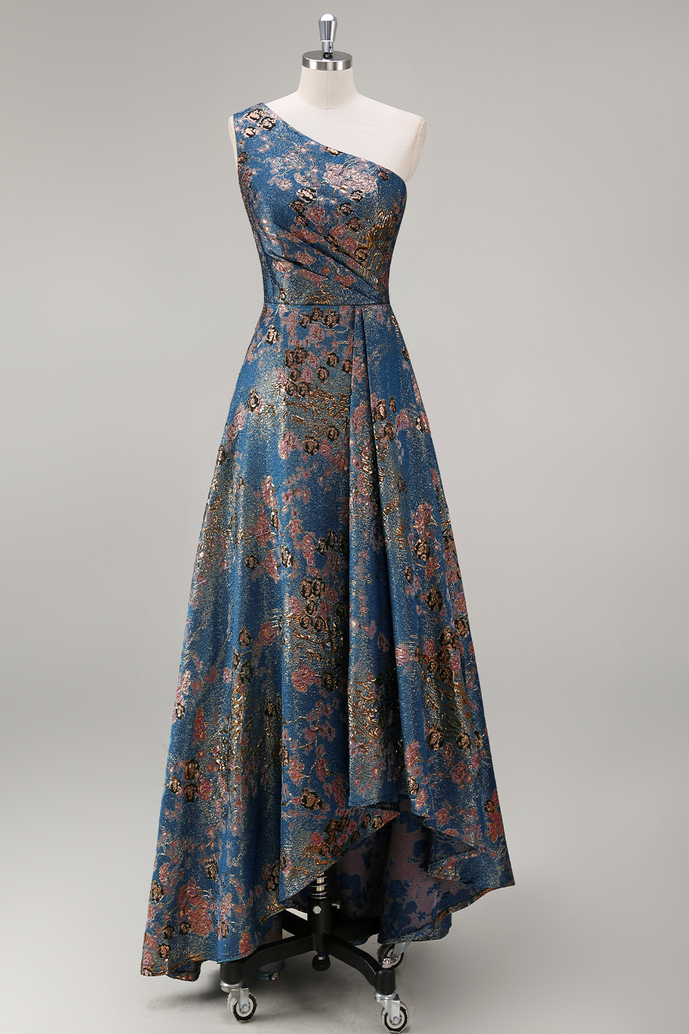 Peacock Blue One Shoulder Floral A Line Asymmetrical Floral Prom Dress