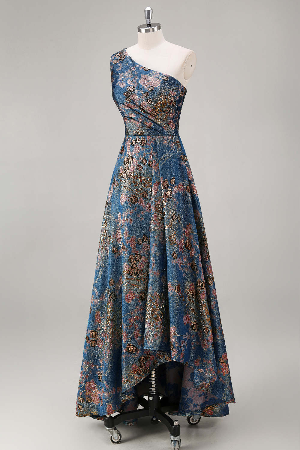 Peacock Blue One Shoulder Floral A Line Asymmetrical Floral Prom Dress