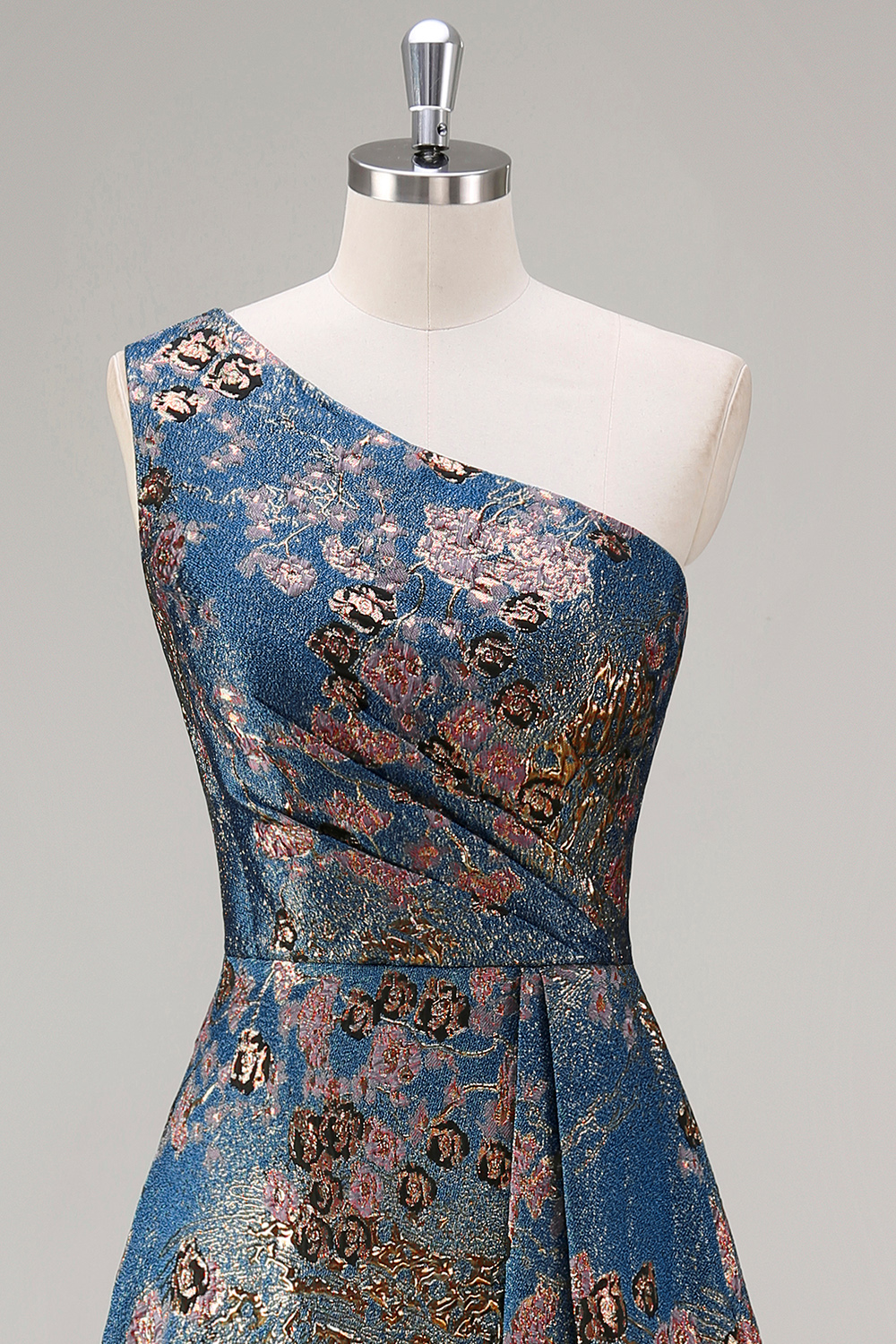 Peacock Blue One Shoulder Floral A Line Asymmetrical Floral Prom Dress