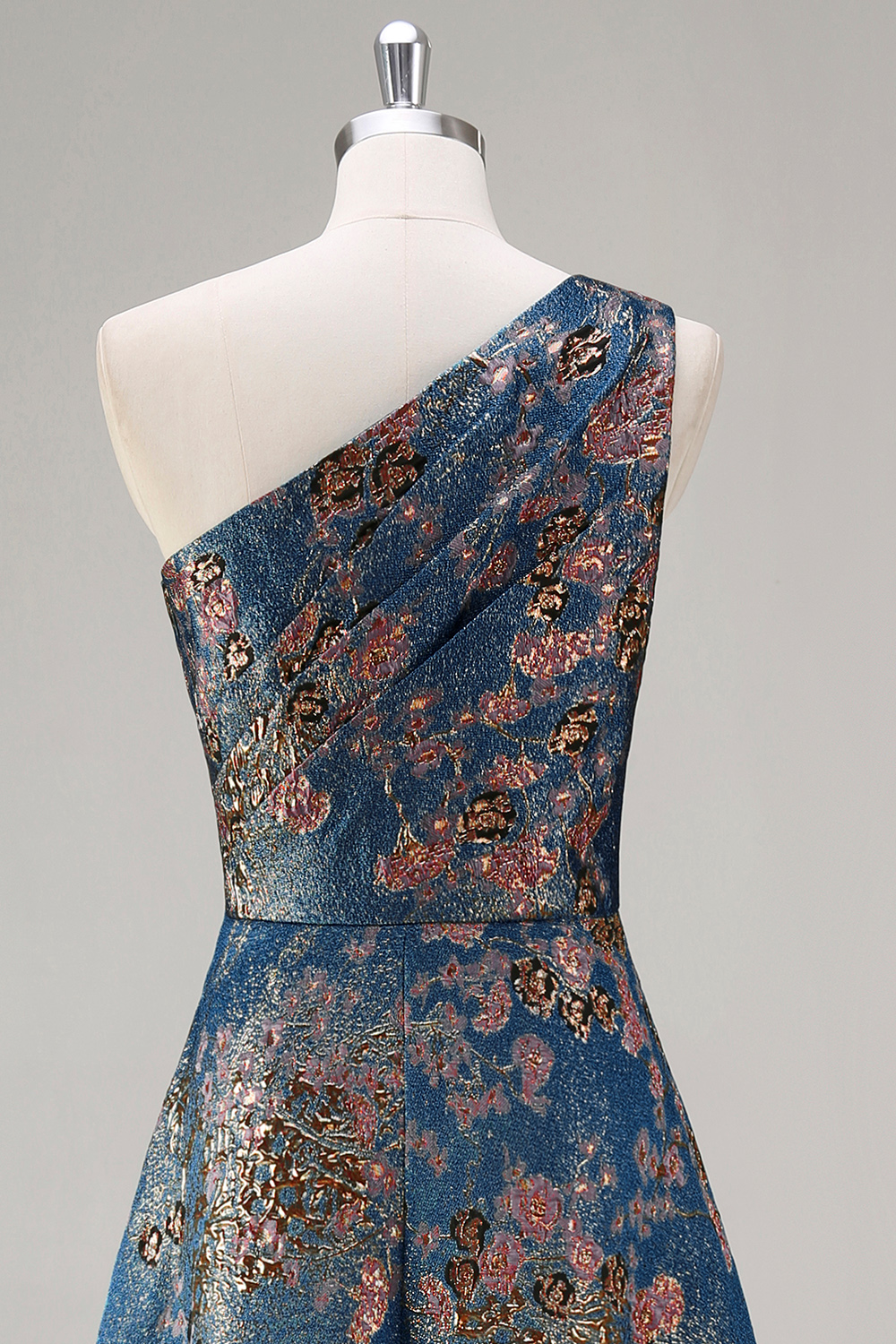 Peacock Blue One Shoulder Floral A Line Asymmetrical Floral Prom Dress