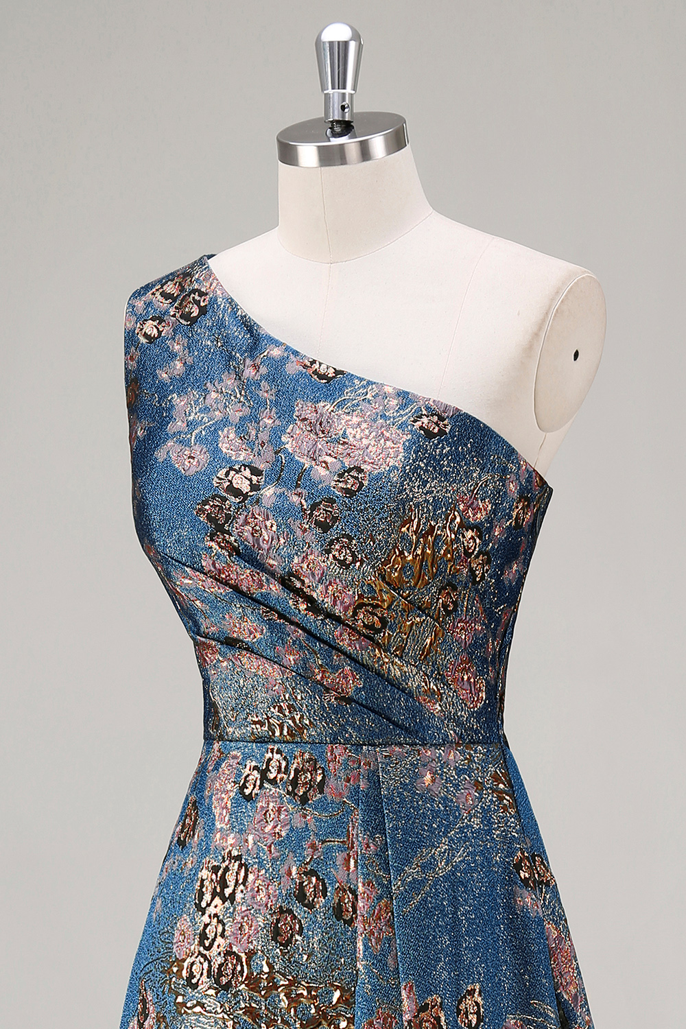 Peacock Blue One Shoulder Floral A Line Asymmetrical Floral Prom Dress