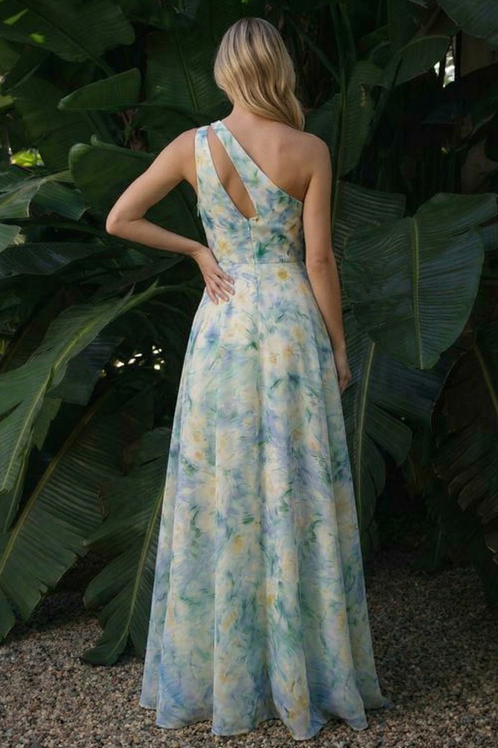 Light Green A Line Cut Out Long Floral Prom Dress with Slit