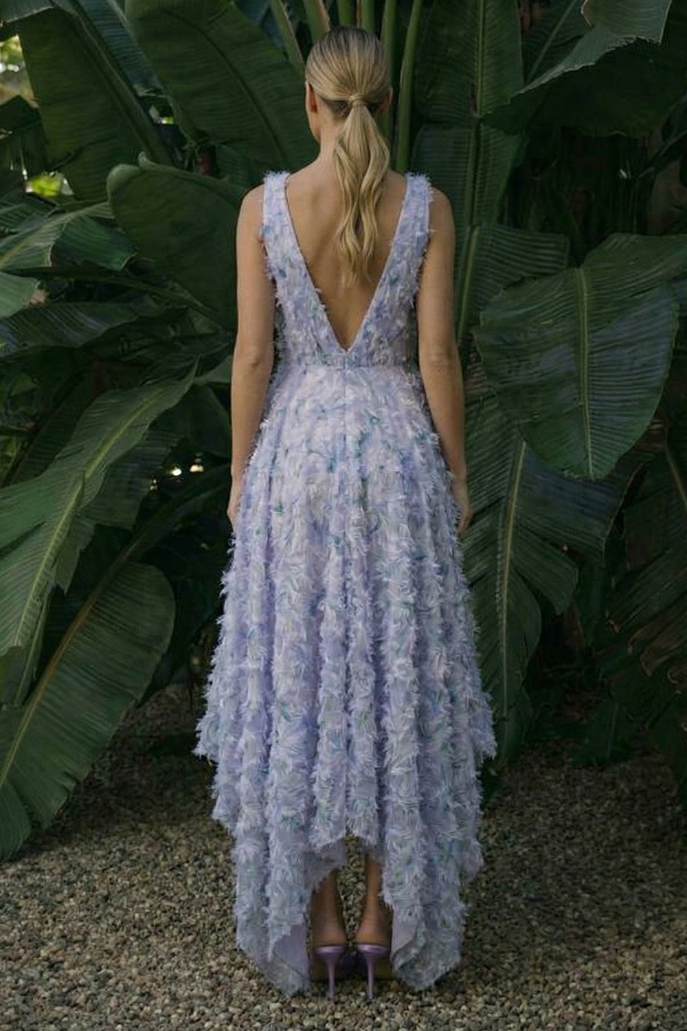 Light Purple Floral Asymmetrical A Line Backless Prom Dress
