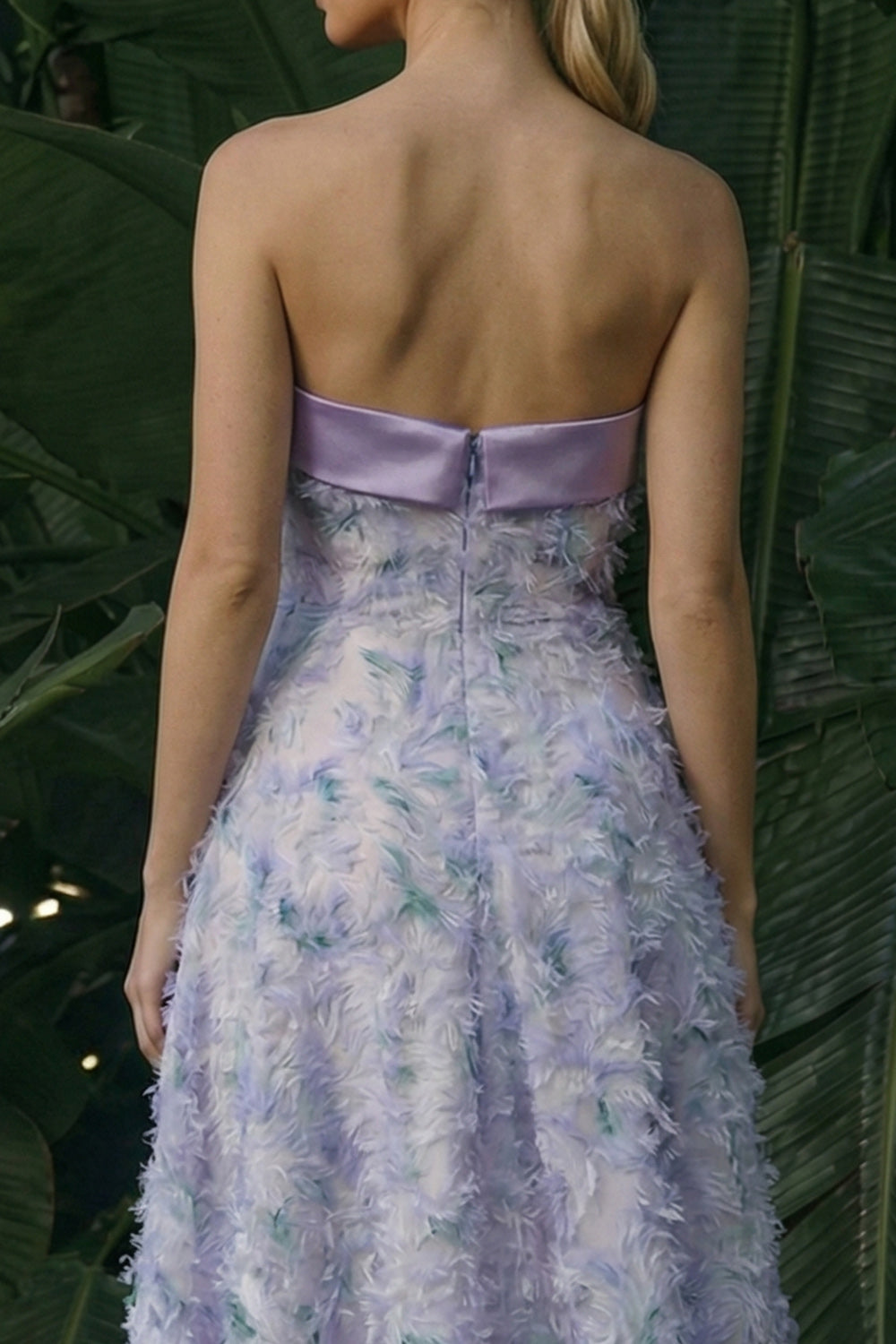 Light Purple Strapless Floral Asymmetrical A Line Prom Dress