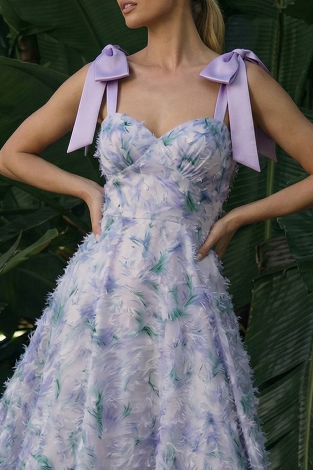 Light Purple Long Floral A Line Prom Dress with Bows