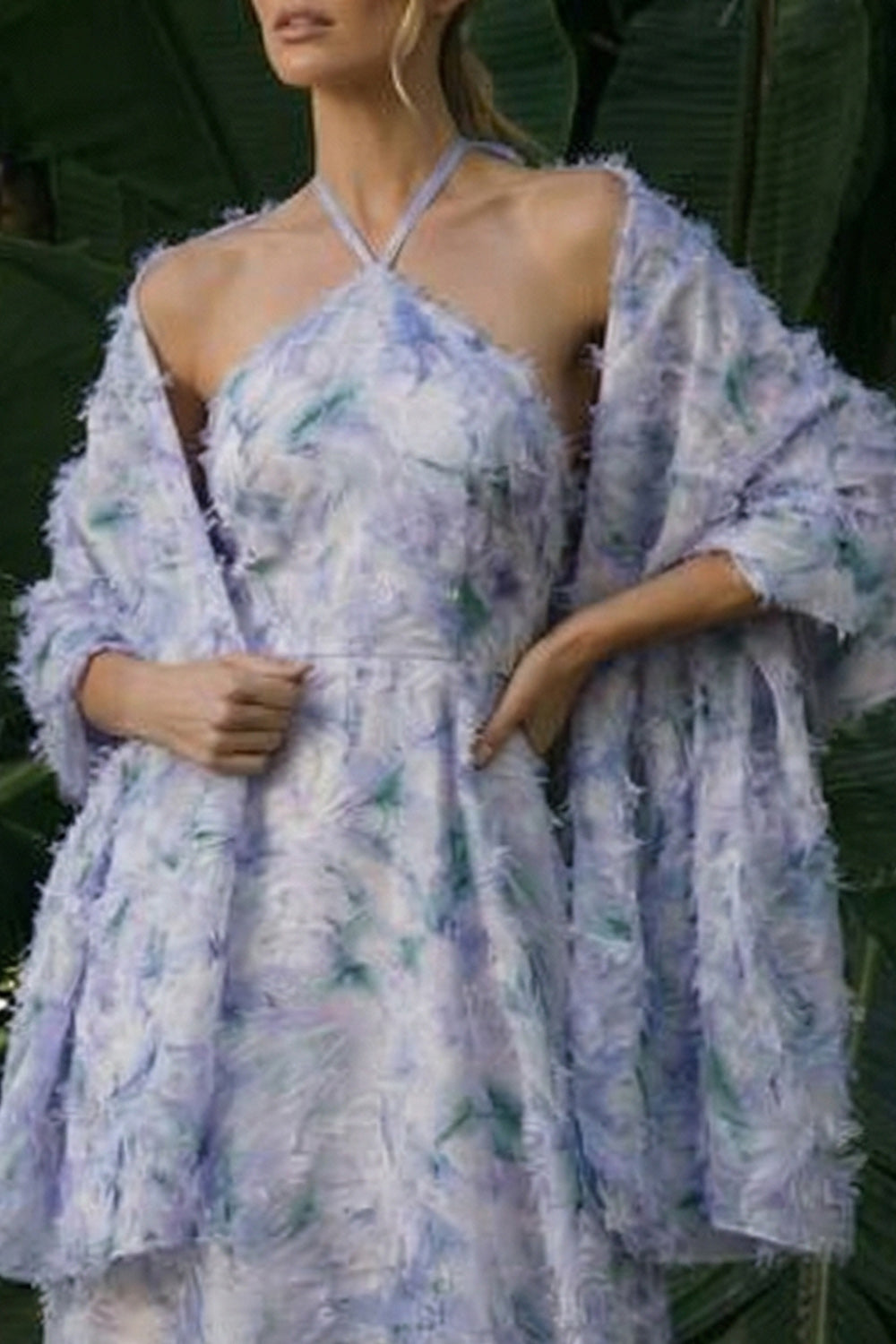 Light Purple Long Floral A Line Halter Backless Prom Dress