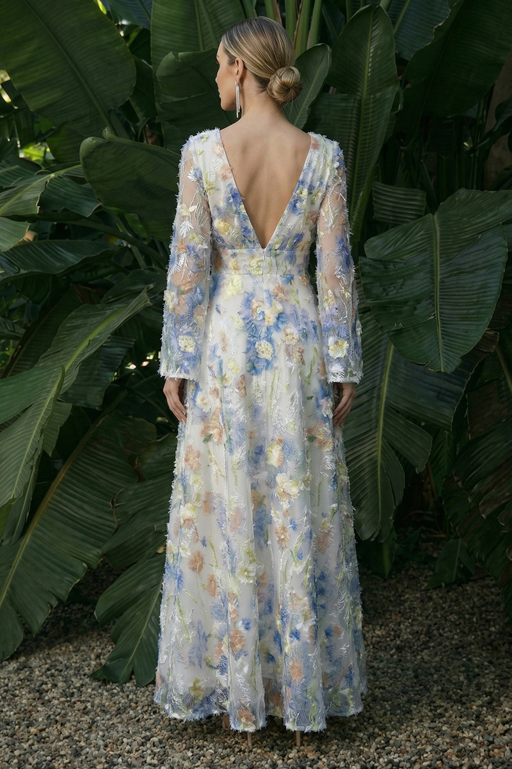 Light Blue A Line Long Floral V-Neck Prom Dress with Sleeves