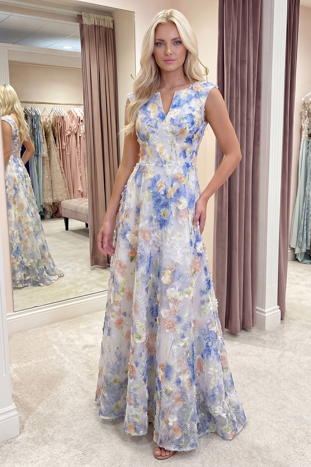Light Blue Floral A Line Cap Sleeves Long Prom Dress