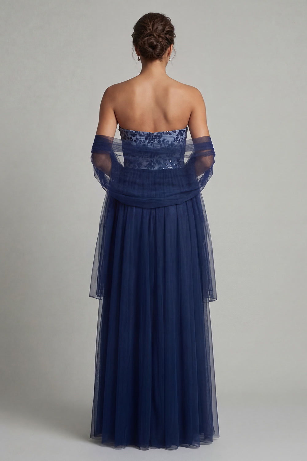 A Line Navy Long Floral Prom Dress with Shawl