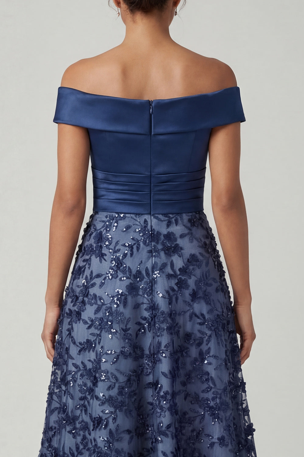 Navy Long A Line Beaded Floral Prom Dress