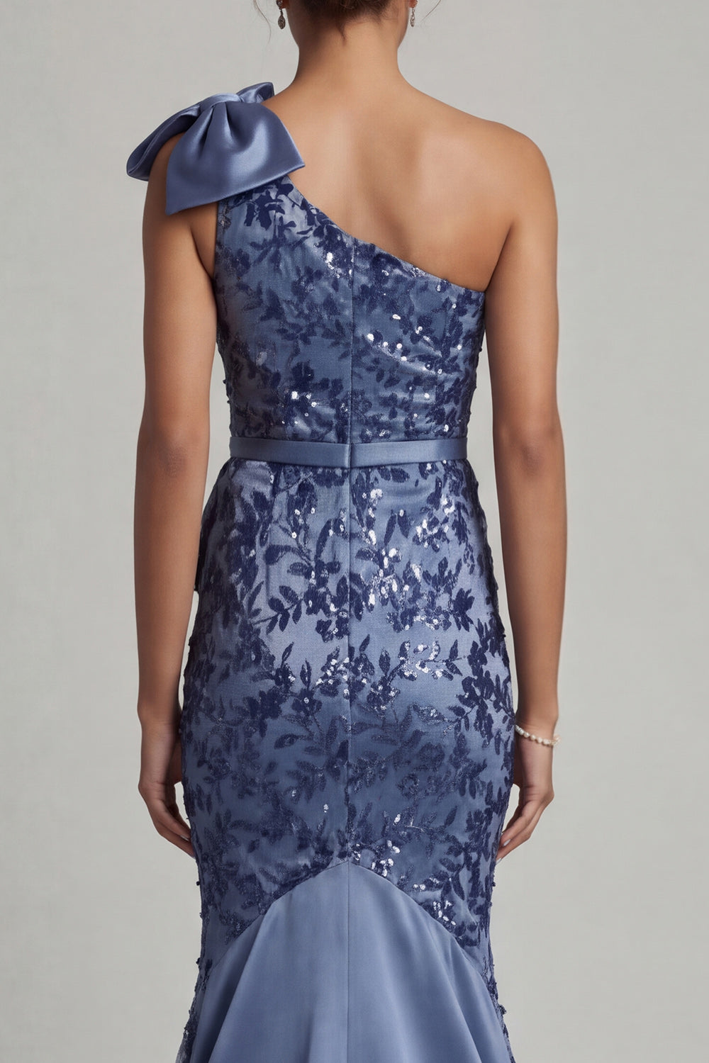 Floral Long Mermaid Navy Prom Dress with Bow