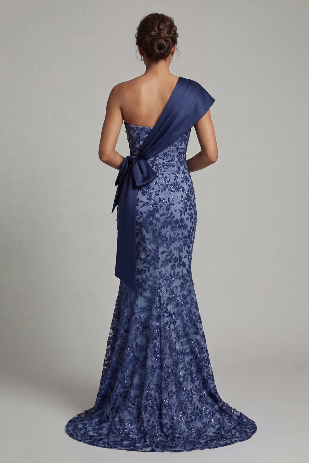 Mermaid Long Navy One Shoulder Floral Prom Dress