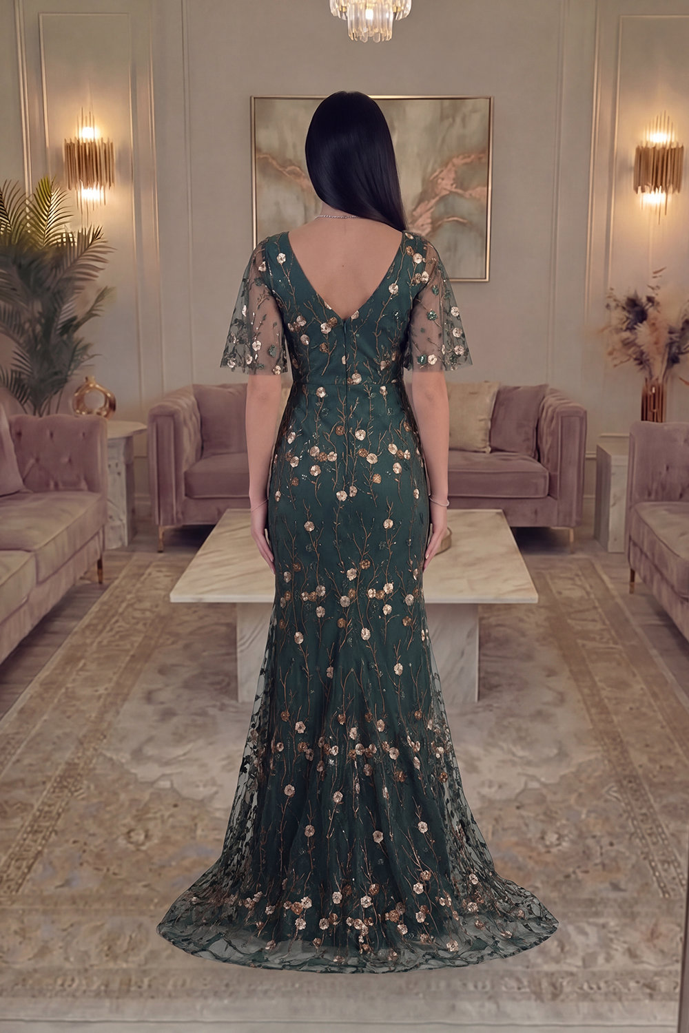 Long Mermaid V-Neck Dark Green Floral Prom Dress with Sleeves