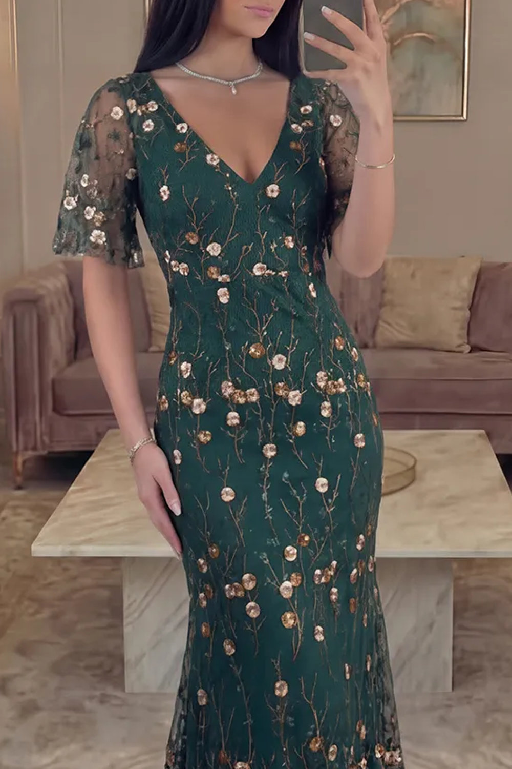 Long Mermaid V-Neck Dark Green Floral Prom Dress with Sleeves