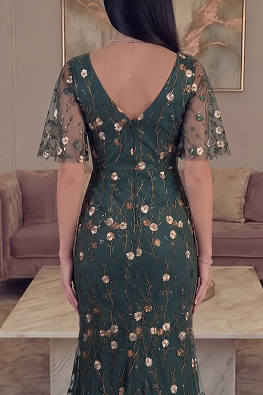 Long Mermaid V-Neck Dark Green Floral Prom Dress with Sleeves