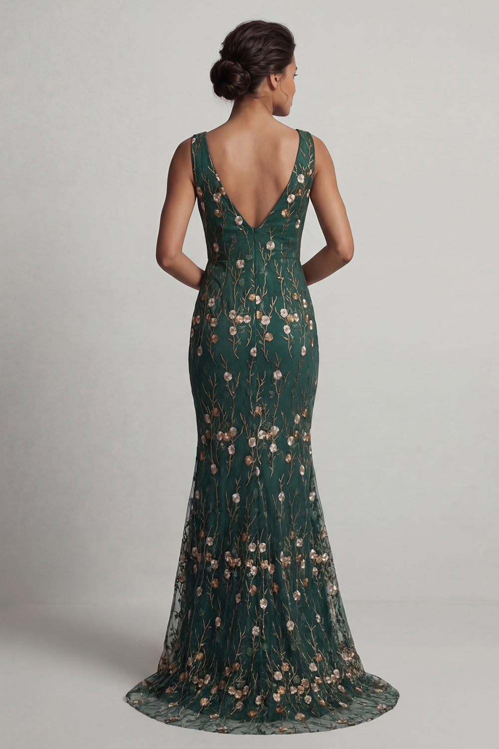 V-Neck Dark Green Floral Long Mermaid Prom Dress