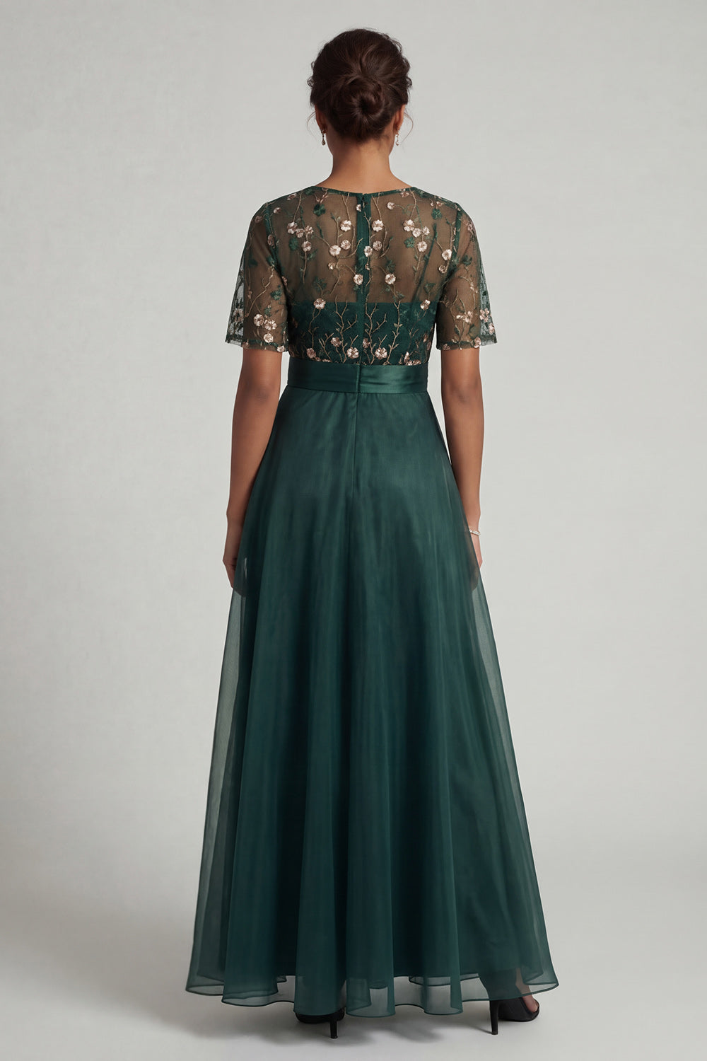 Half Sleeves Long A Line Dark Green Floral Prom Dress