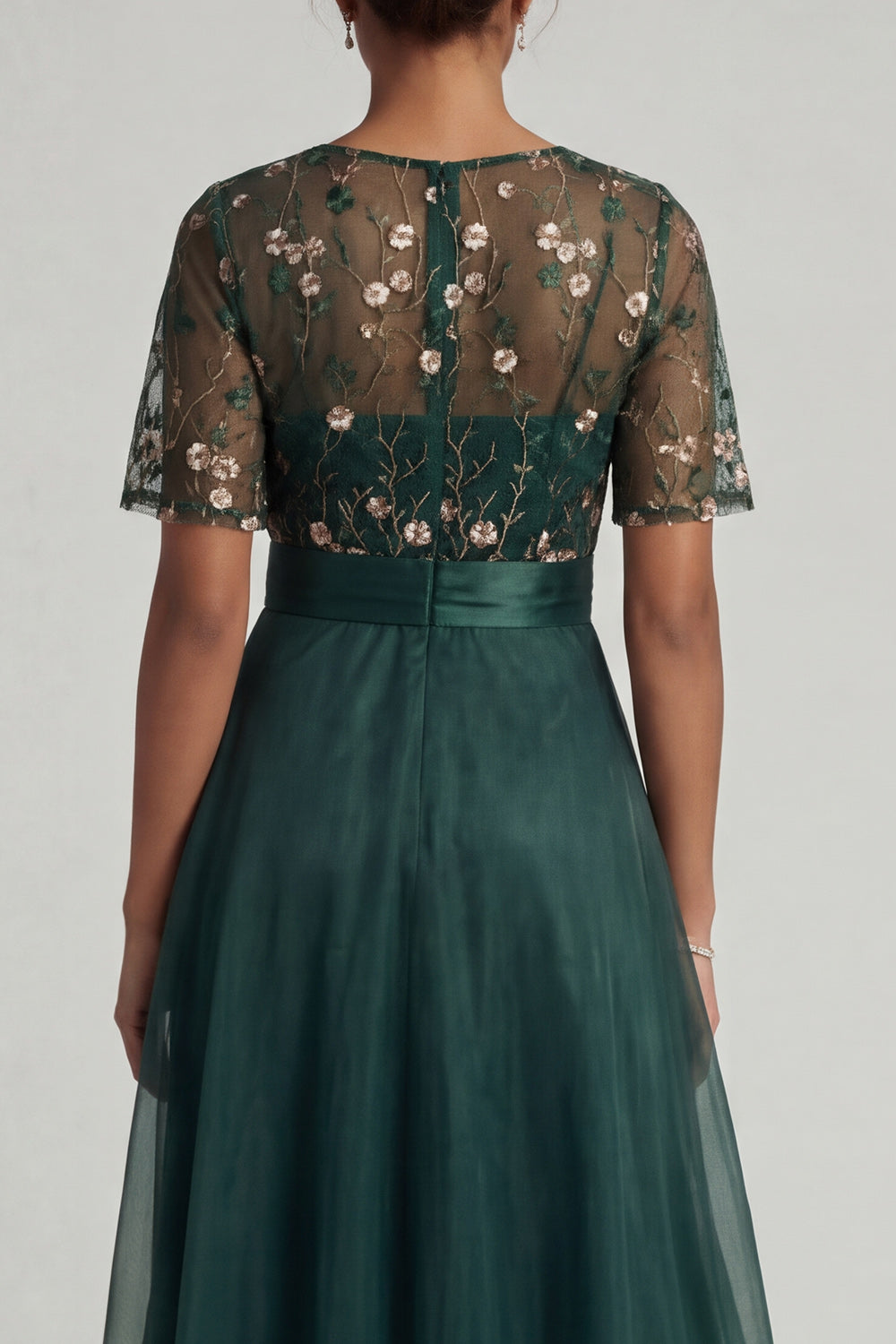 Half Sleeves Long A Line Dark Green Floral Prom Dress