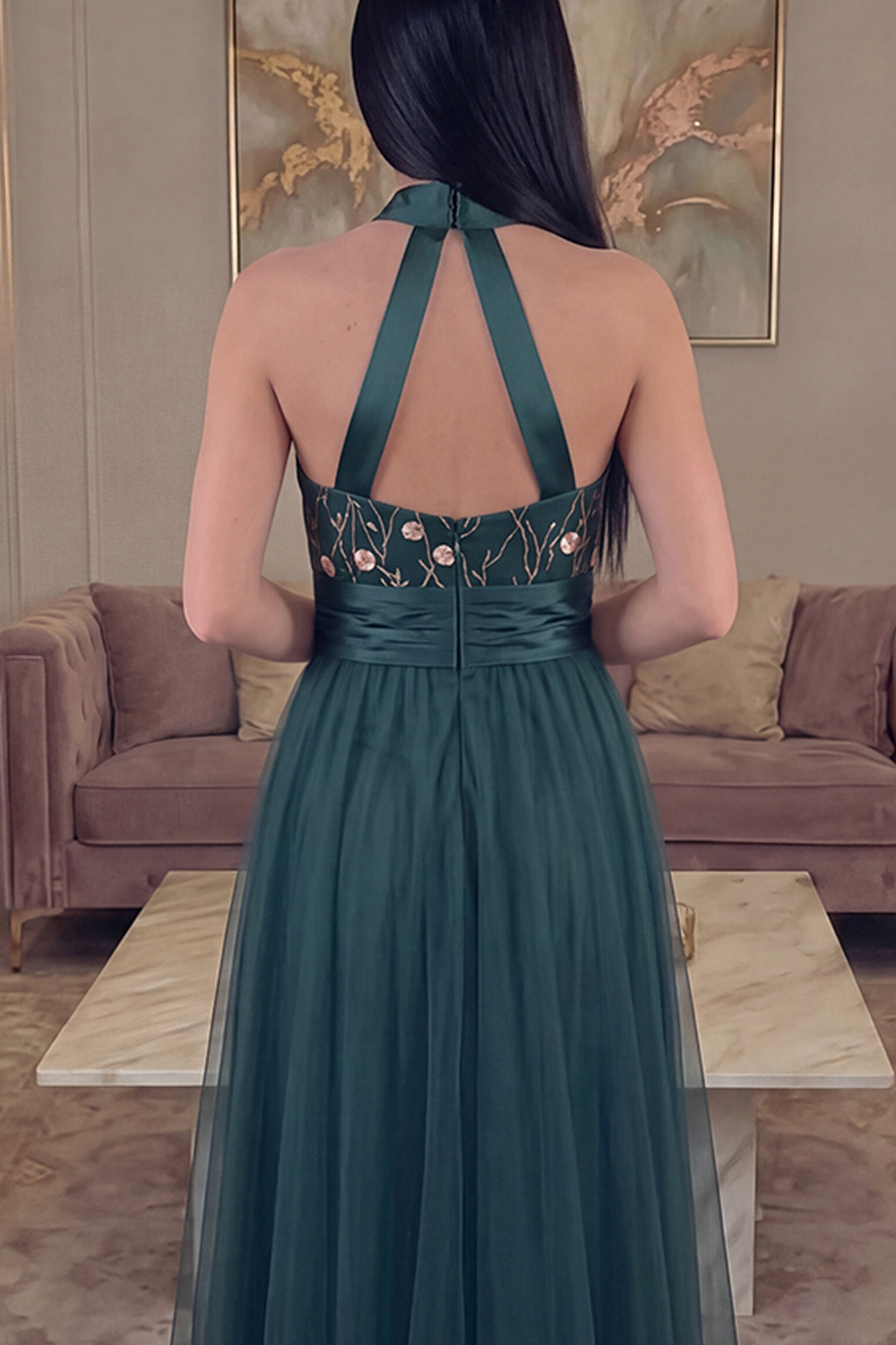 A Line Dark Green Floral Halter Long Gala Dress