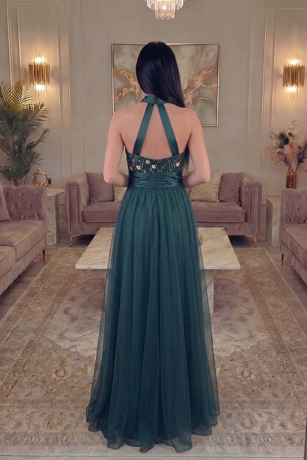 A Line Dark Green Floral Halter Long Gala Dress