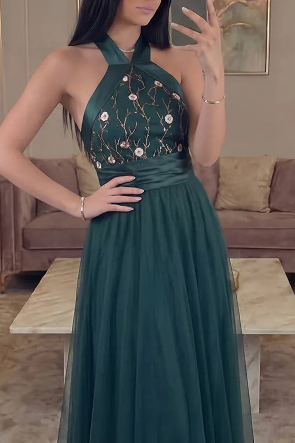A Line Dark Green Floral Halter Long Gala Dress