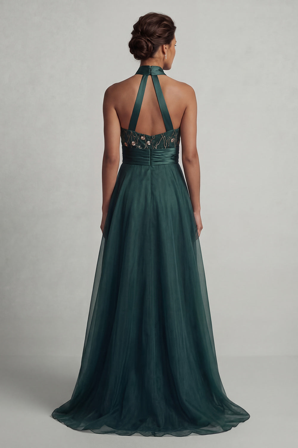 A Line Dark Green Floral Halter Long Prom Dress