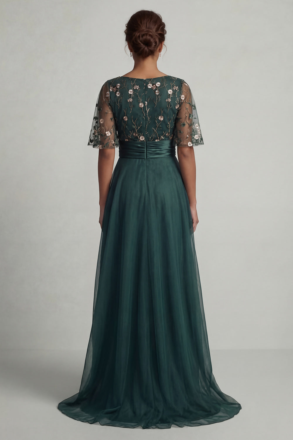 A Line Dark Green Floral High Low Boat Neck Prom Dress