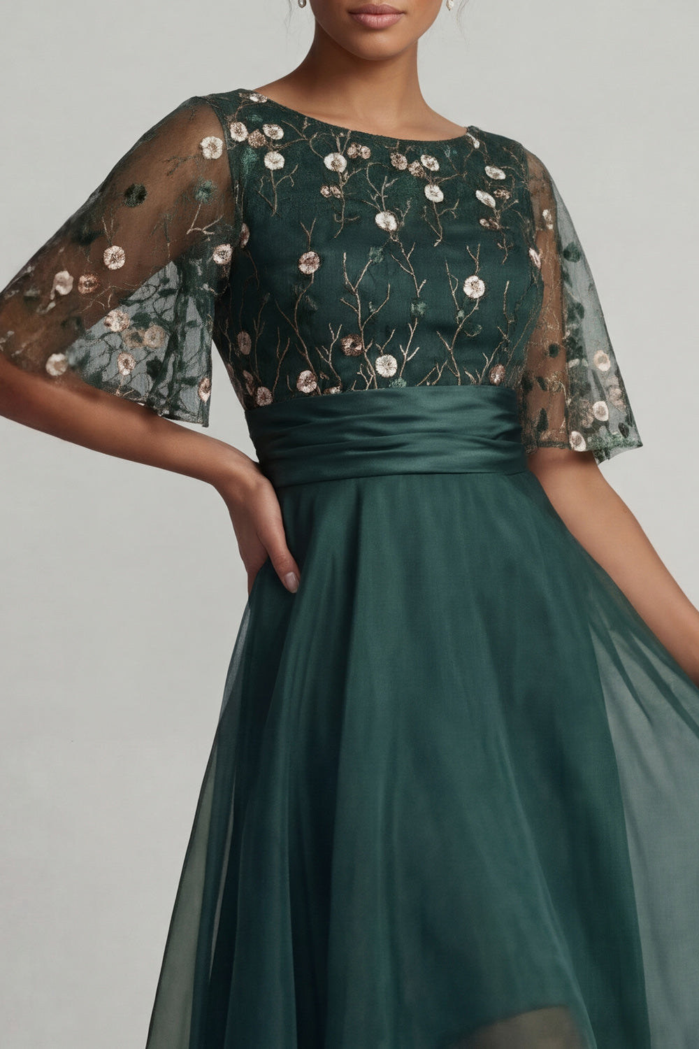 A Line Dark Green Floral High Low Boat Neck Prom Dress