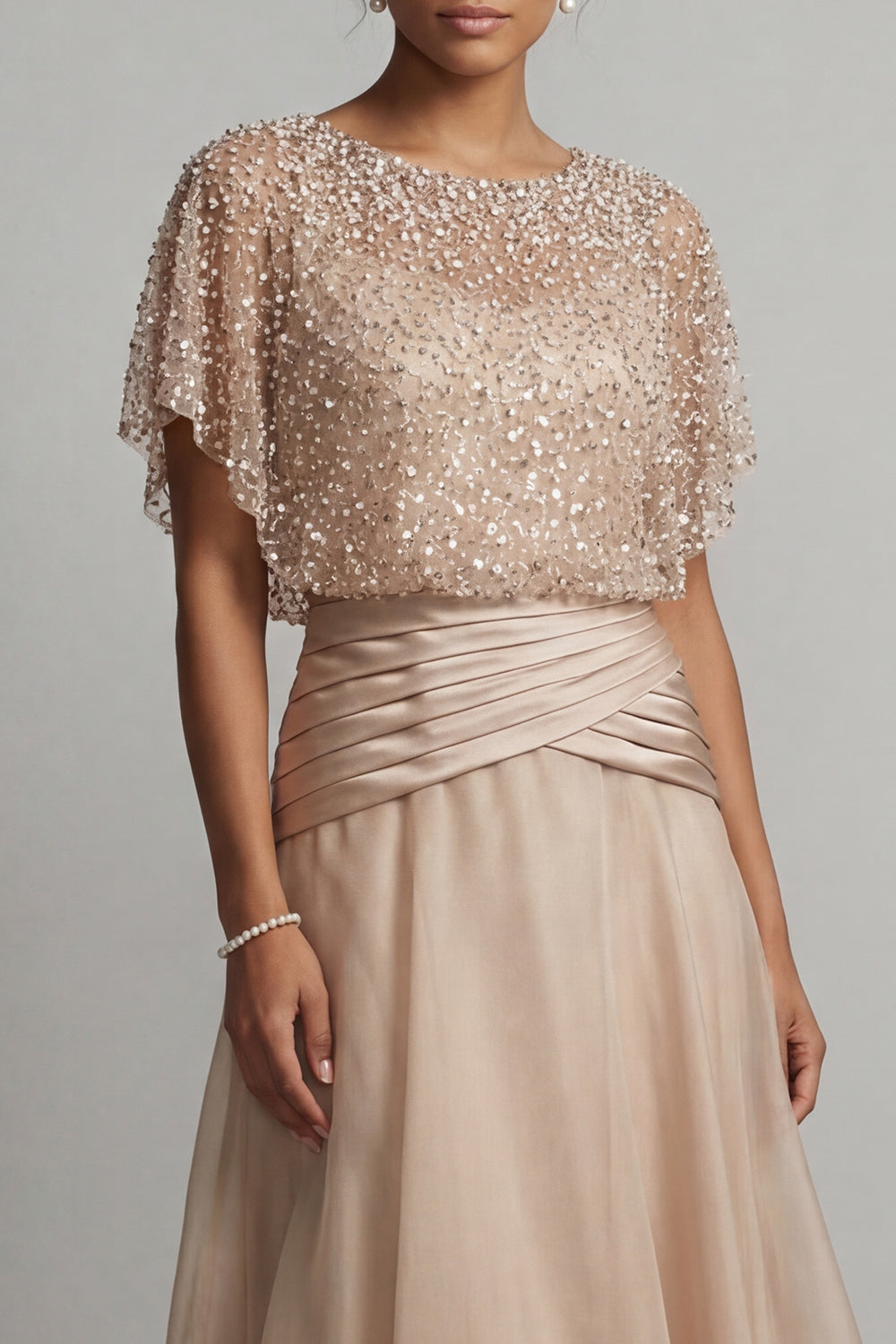 Beaded Long A Line Champagne Prom Dress with Ruffles