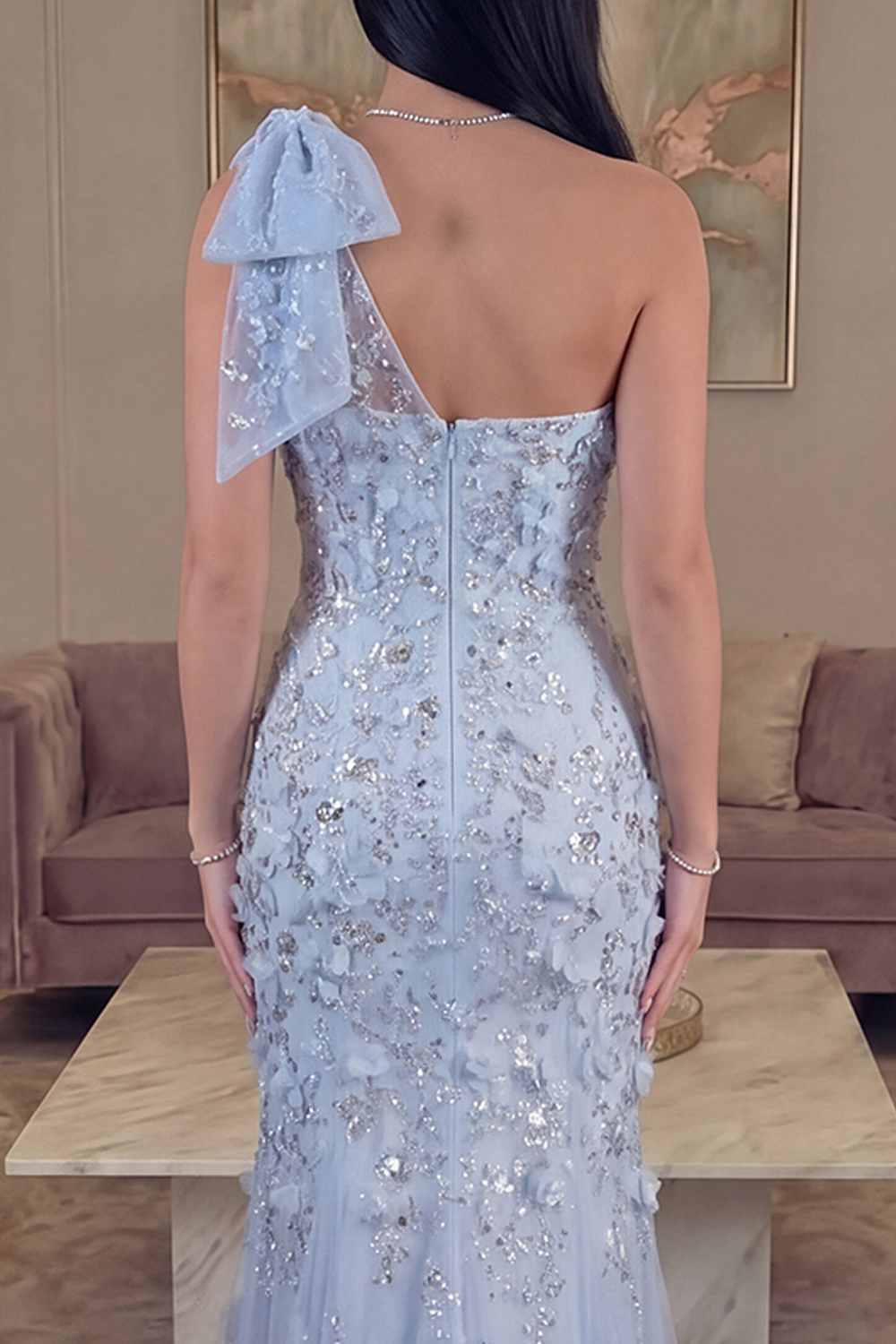 Long Sky Blue Mermaid Floral Beaded Prom Dress with Bow