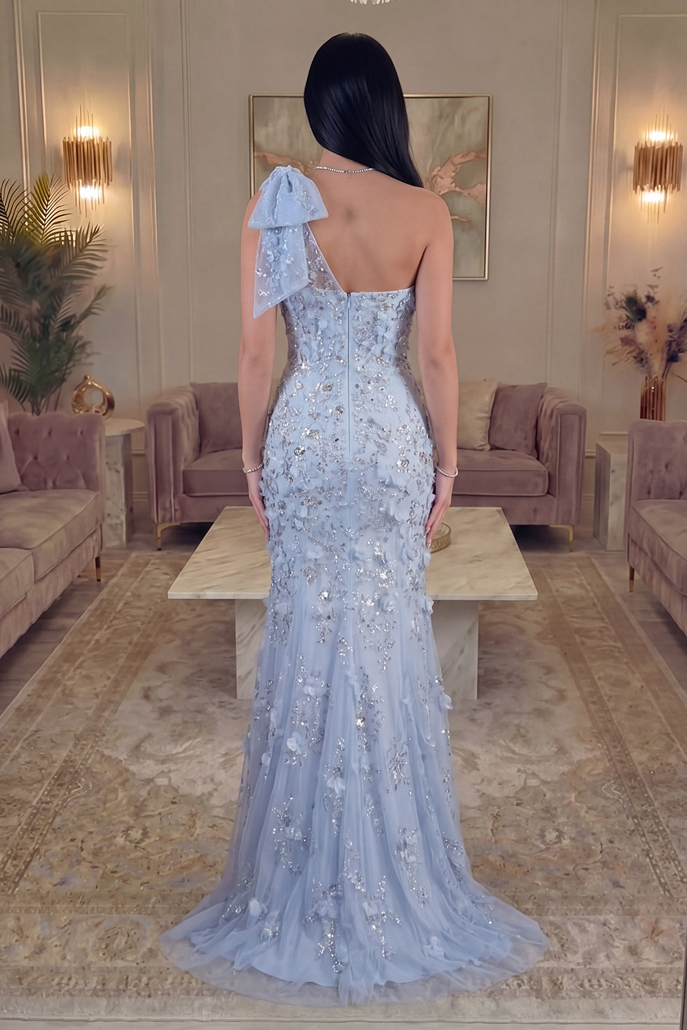Long Sky Blue Mermaid Floral Beaded Prom Dress with Bow