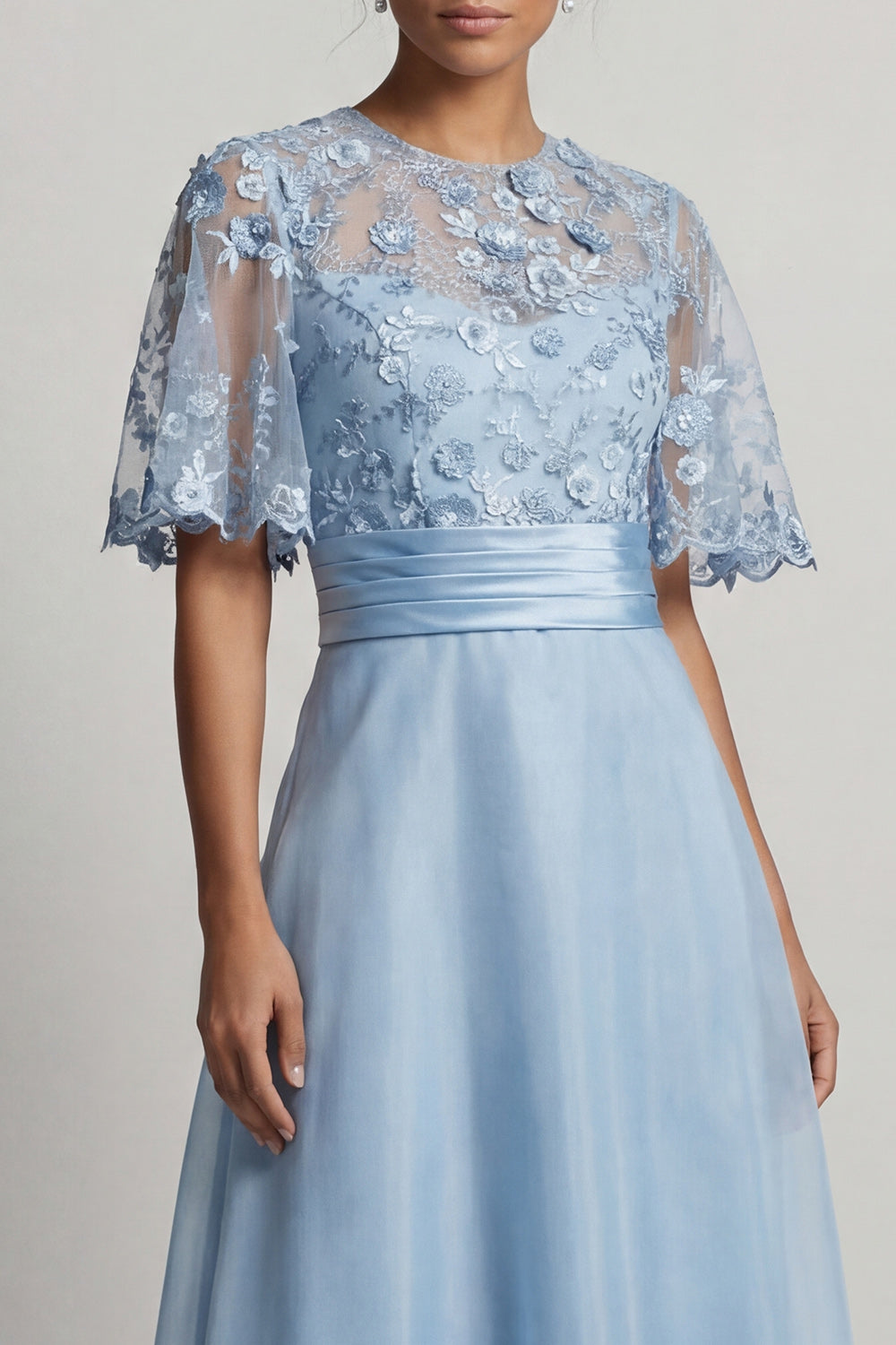 Sky Blue Floral Long A Line Prom Dress with Sleeves