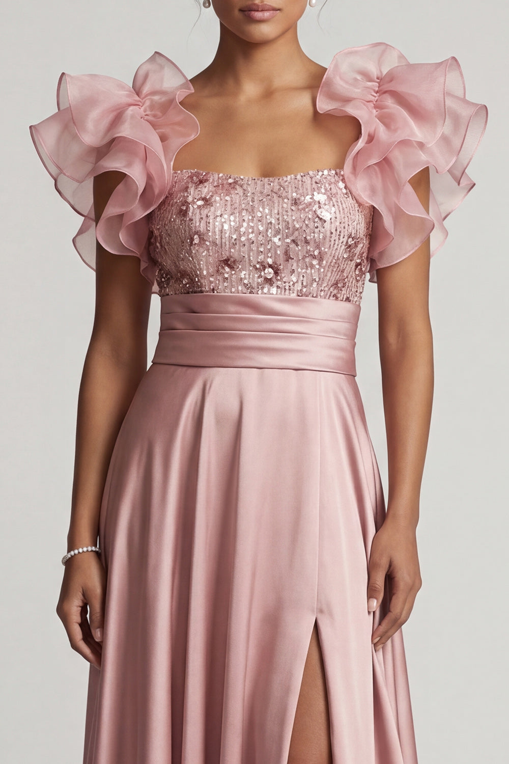A Line Dusty Rose Long Floral Beaded Prom Dress with Ruffles