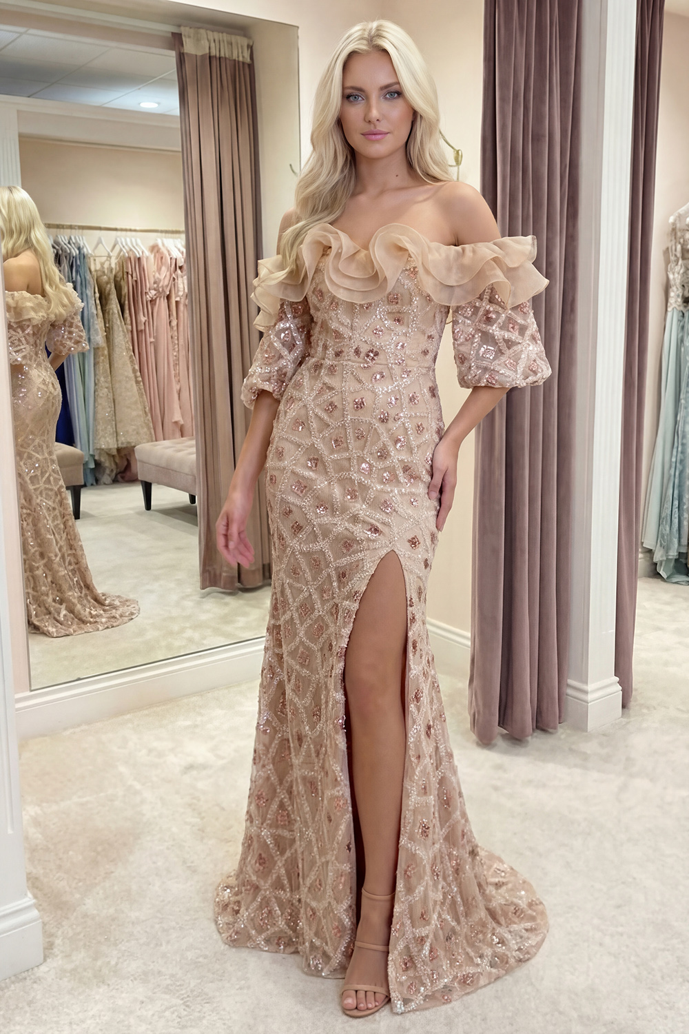 Sparkly Champagne Ruffled Off the Shoulder Long Sequin Mermaid Beaded Pageant Dress