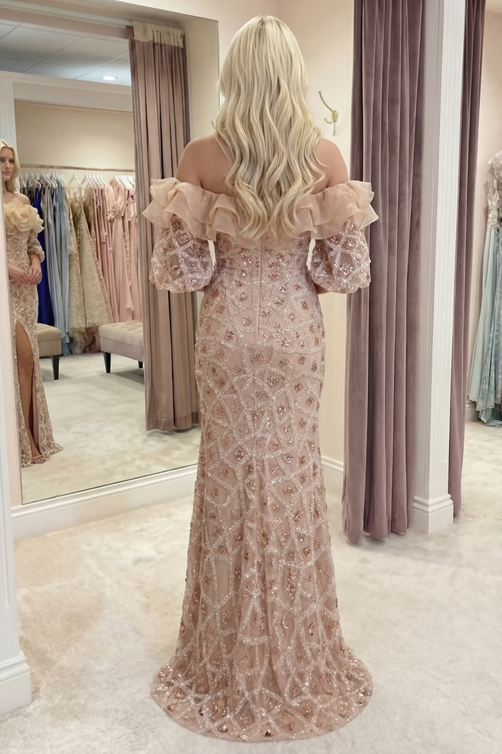 Sparkly Champagne Ruffled Off the Shoulder Long Sequin Mermaid Beaded Pageant Dress