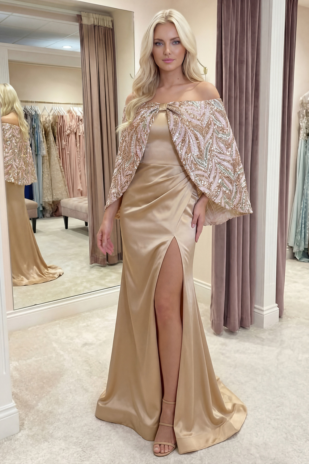 Sparkly Champagne Sequin Off rhe Shoulder Long Mermaid Gala Dress with Cape