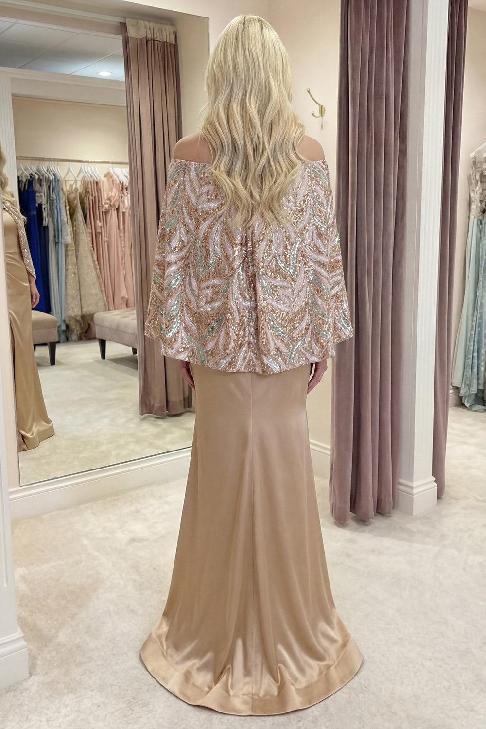 Sparkly Champagne Sequin Off rhe Shoulder Long Mermaid Gala Dress with Cape