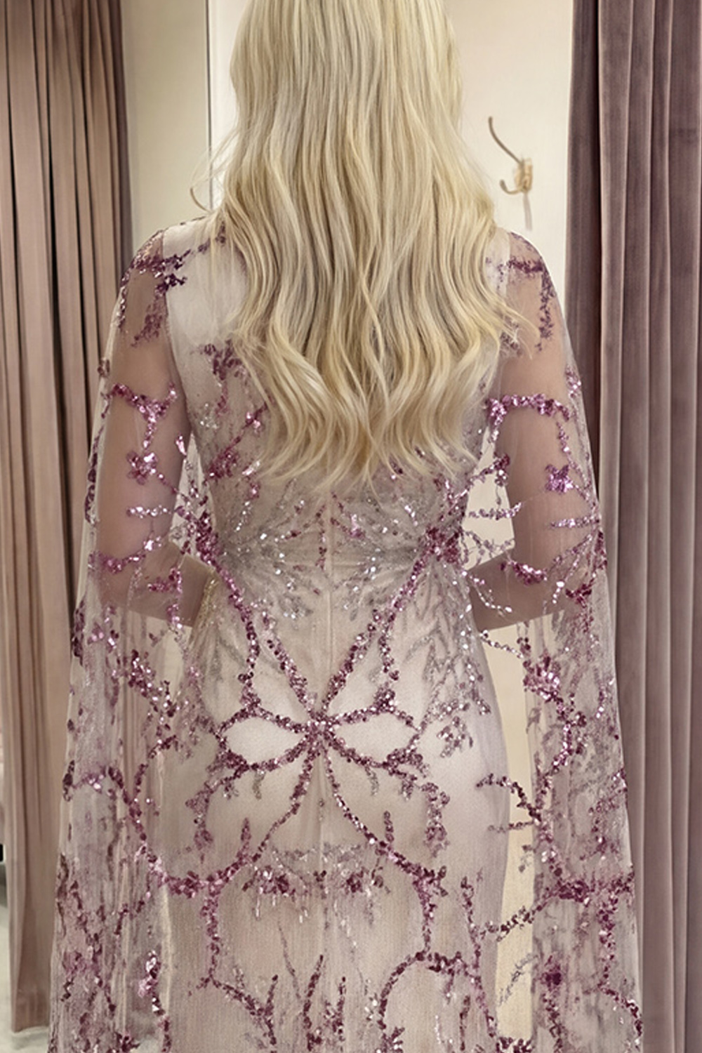 Sparkly Ivory Mermaid Long Sequin Satin Gala Dress with Cape