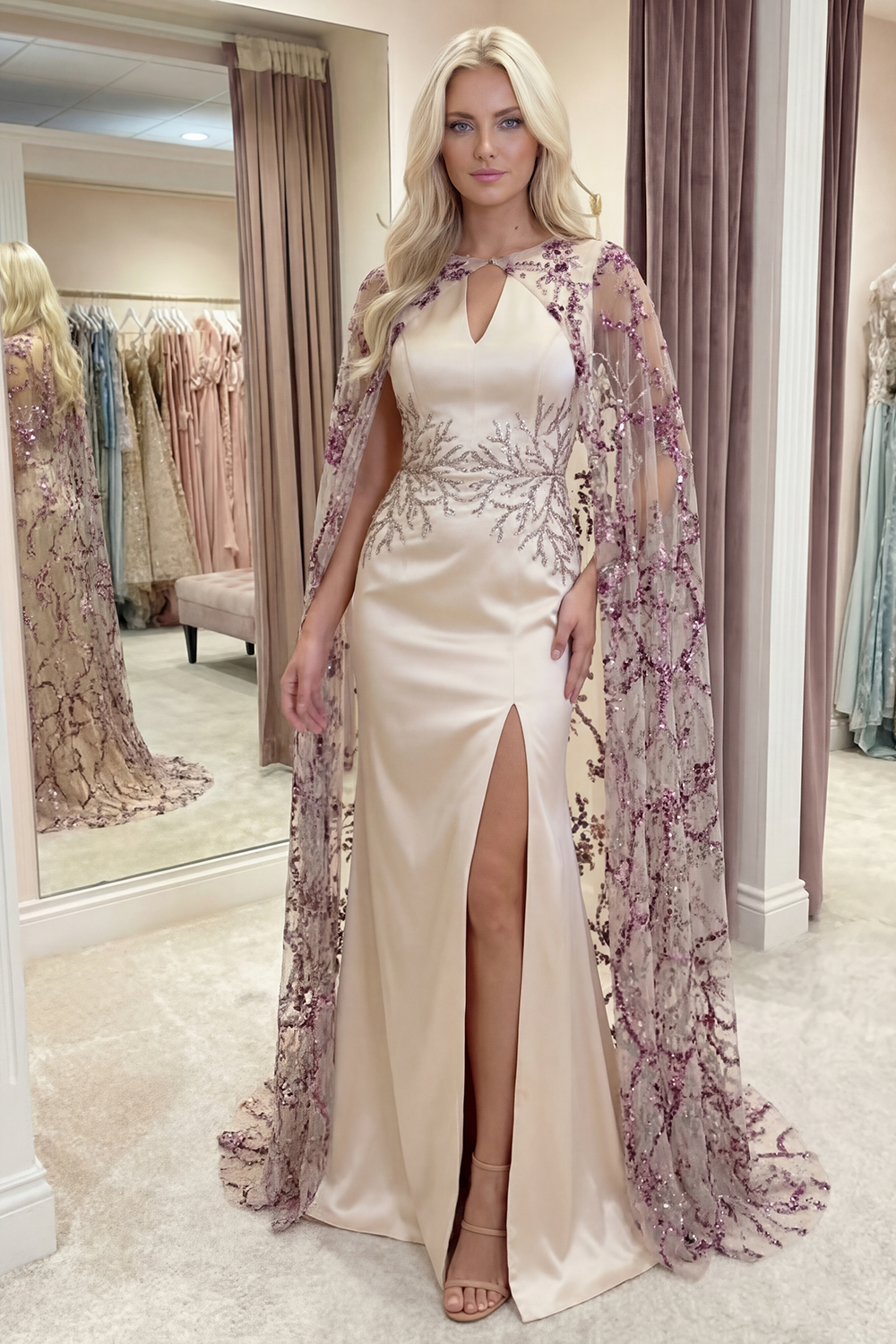 Sparkly Ivory Mermaid Long Sequin Satin Gala Dress with Cape